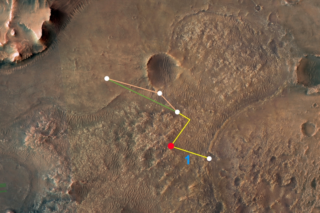 تصور هذه الصورة العلوية المشروحة من مركبة استكشاف المريخ (MRO) التابعة لناسا الرحلات المتعددة - وطريقين مختلفين - يمكن لطائرة هليكوبتر المريخ المبتكرة التابعة للوكالة أن تشق طريقها إلى دلتا جيزيرو كريتر.