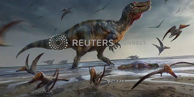يُظهر الرسم التوضيحي لفنان ديناصور كبير يأكل اللحوم يُطلق عليه اسم "سبينوصوريد الصخرة البيضاء ،" التي يعود تاريخها إلى حوالي 125 مليون سنة خلال العصر الطباشيري ، تم اكتشاف بقاياها في جزيرة وايت في إنجلترا ، واقفة على الشاطئ ، وتحيط بها الزواحف الطائرة التي تسمى التيروصورات.