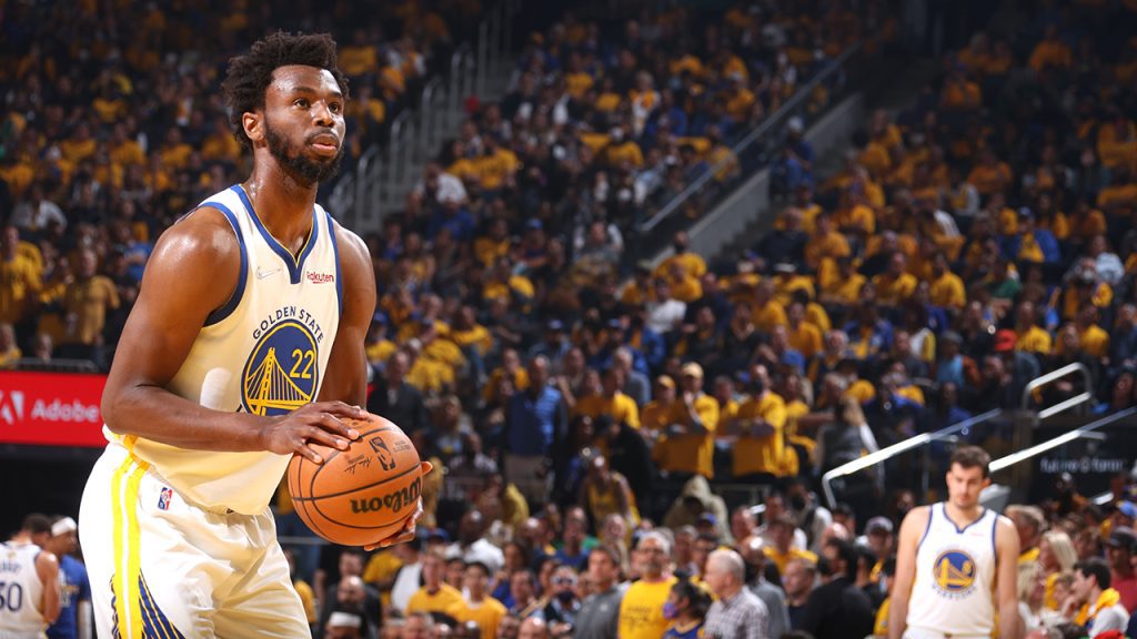Andrew Wiggins #22 of the Golden State Warriors shoots a free throw against the Boston Celtics during Game Five of the 2022 NBA Finals on June 13, 2022 at Chase Center in San Francisco, California.