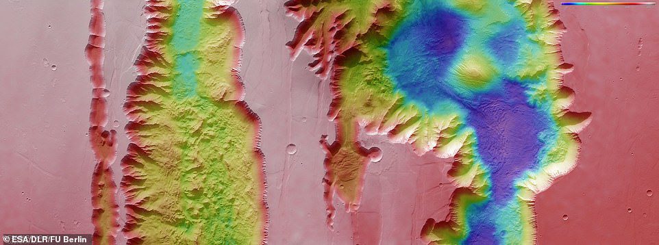 في الصورة أعلاه: صورة طبوغرافية مرمزة بالألوان تُظهر Ius و Tithonium Chasmata ، والتي تشكل جزءًا من هيكل Mars 'Valles Marineris Canyon ، والذي تم إنشاؤه من البيانات التي تم جمعها بواسطة Mars Express التابع لوكالة الفضاء الأوروبية ESA