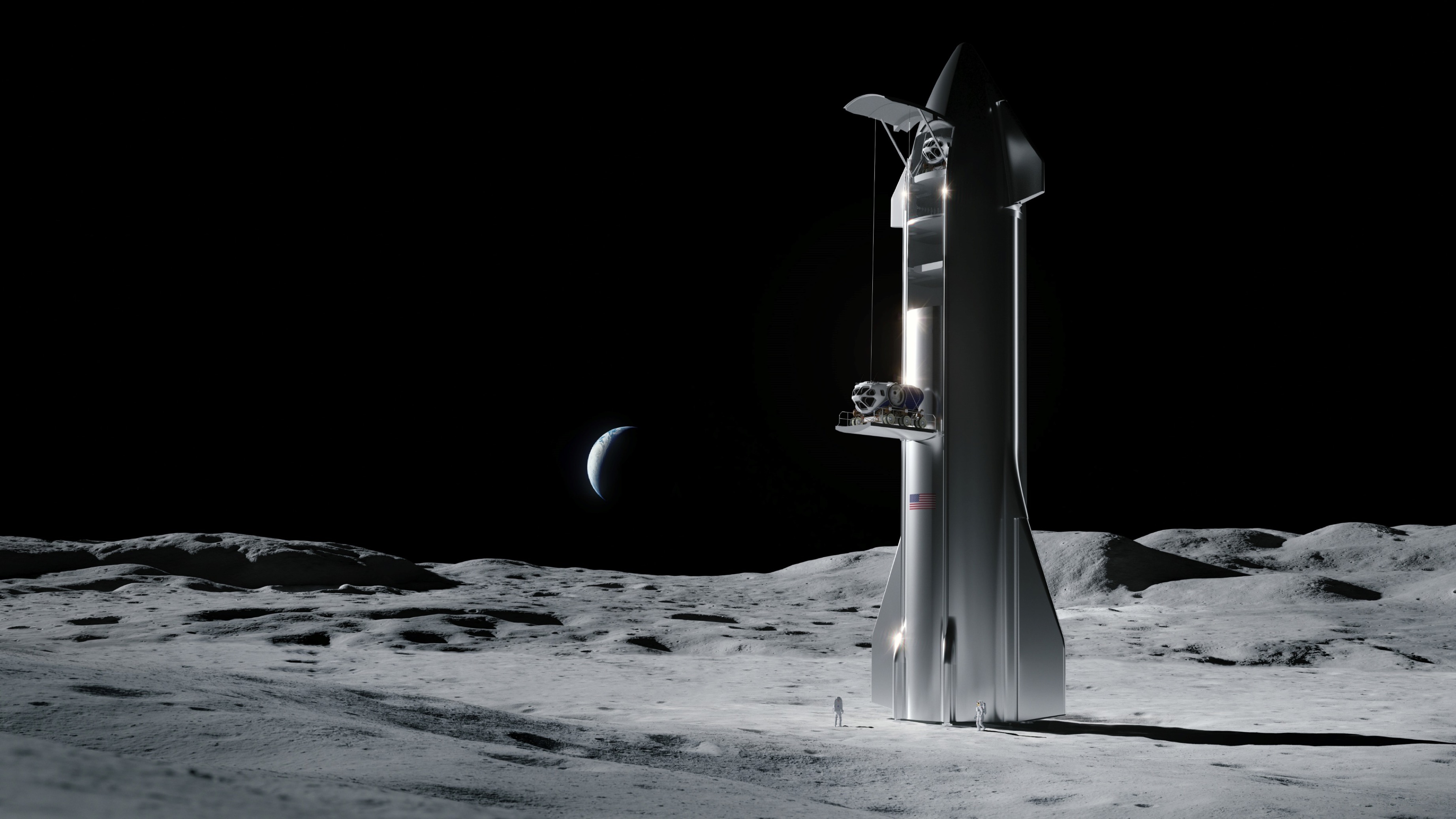 رسم توضيحي لفنان عن المركبة الفضائية SpaceX على سطح القمر.