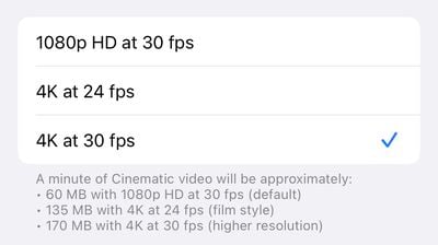 إعدادات iPhone 14 Pro وضع سينمائي بدقة 4K