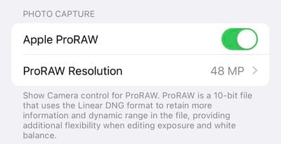 إعدادات iPhone 14 Pro ProRAW