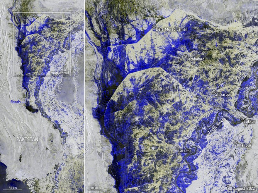 تم استخدام البيانات التي تم التقاطها بواسطة القمر الصناعي كوبرنيكوس التابع لوكالة الفضاء الأوروبية في 30 أغسطس لرسم خريطة لمدى الفيضانات التي تدمر باكستان حاليًا.