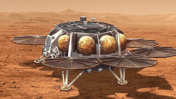 يوضح هذا الرسم التوضيحي مفهومًا لمركبة استرجاع عينات مقترحة تابعة لوكالة ناسا تحمل صاروخًا صغيرًا (طوله حوالي 10 أقدام أو 3 أمتار) يسمى مركبة صعود المريخ إلى سطح المريخ.  بعد تحميله بأنابيب محكمة الغلق تحتوي على عينات من صخور وتربة المريخ التي جمعتها مركبة المثابرة التابعة لوكالة ناسا ، سينطلق الصاروخ إلى مدار المريخ.  سيتم بعد ذلك نقل العينات إلى الأرض لتحليلها بشكل مفصل.