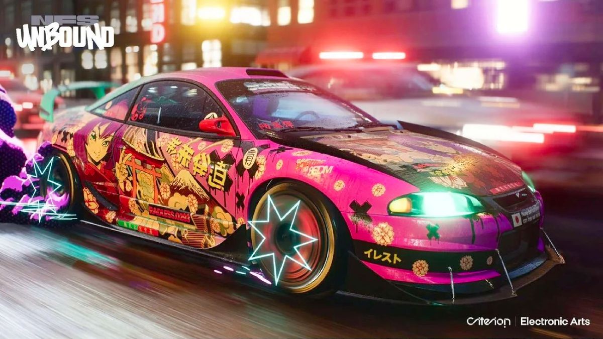 تُظهر لقطة شاشة ترويجية لـ Need For Speed ​​Unbound متسابقًا في الشارع على خلفية ضبابية ، مع أشكال نجمة مرسومة يدويًا فوق عجلاتها الدوارة