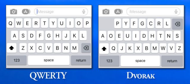 تخطيطات لوحة مفاتيح QWERTY و Dvorak جنبًا إلى جنب على iPhone.
