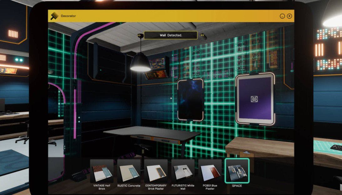 لقطة شاشة لـ PC Building Simulator 2 تعرض خيارات تخصيص ورشة العمل