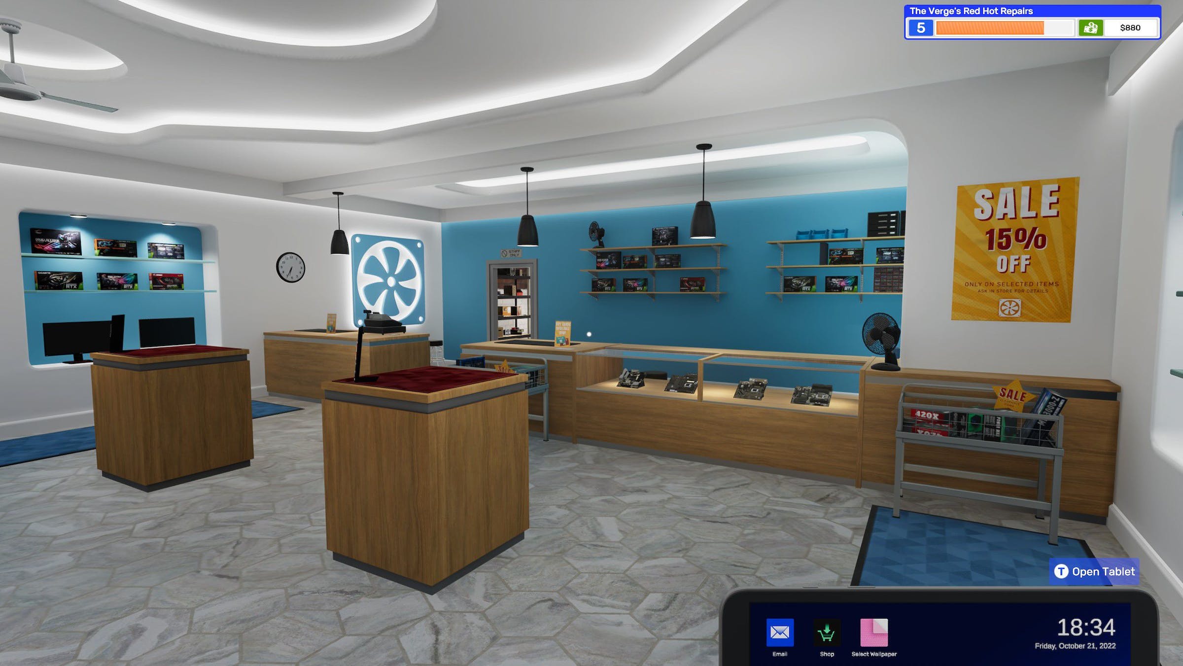 لقطة شاشة لـ PC Building Simulator 2 ، تعرض واجهة المحل الفعلية
