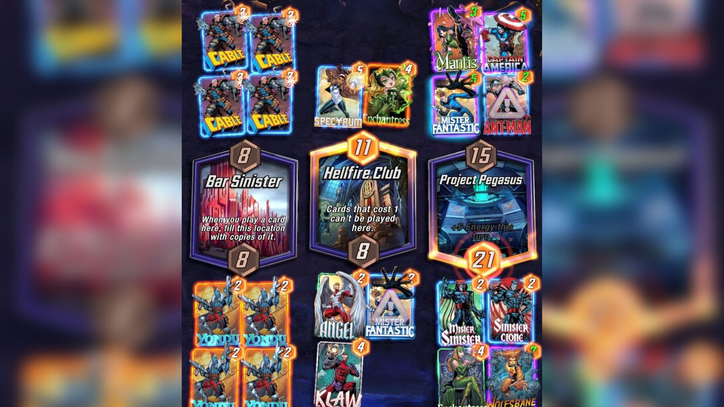 لقطة شاشة من طريقة اللعب من Marvel Snap تتميز بثلاثة مواقع بتأثيرات مختلفة محاطة على كلا الجانبين بمساحات تصل إلى البطاقات