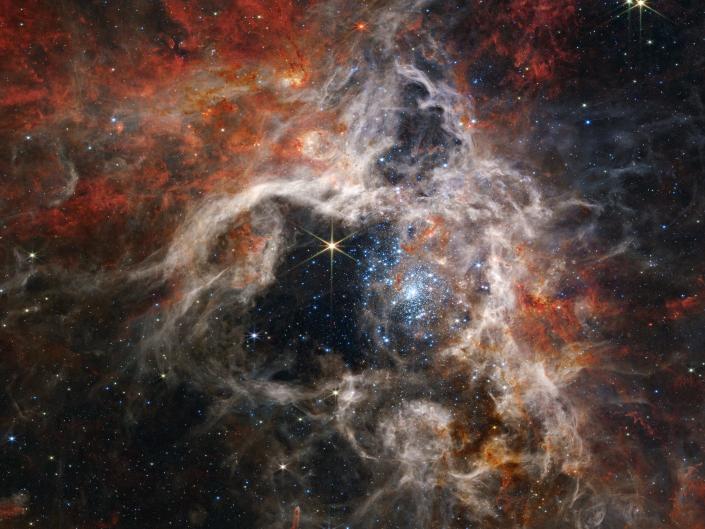 الرتيلاء سديم الغبار الكوني سحابة شبكة برتقالية بيضاء مع النجوم